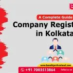 A professional banner featuring company registration services in Kolkata by Banshi Group Legal Services. Includes Kolkata skyline with Howrah Bridge, legal icons like a gavel and law book, and office documents representing business registration and ROC compliance.